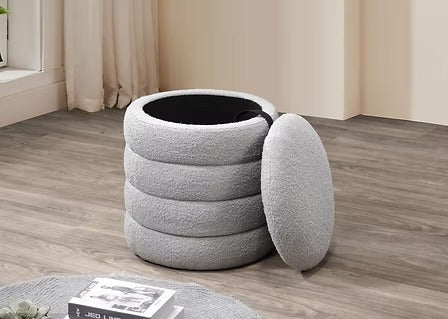 Naviero Round Storage Ottoman – Modern Lift Top Ottoman with Channel Tufting in Soft Grey Teddy Bear Fabric