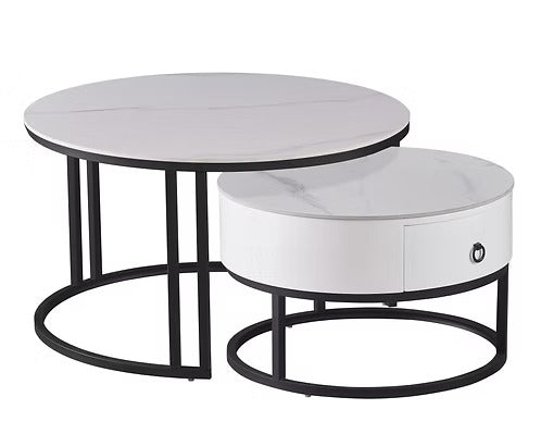 Mirvexo Set of 2 Coffee Tables – Modern Calacatta White Stone Top Coffee Tables with Black Steel Base and Storage Drawer