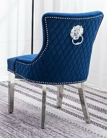 Zenvoro 2-Piece Luxury Dining Chair Set – Blue Velvet Chrome Lion Knocker Dining Chairs with Diamond Quilted Back, Button Tufted Front & Nailhead Details