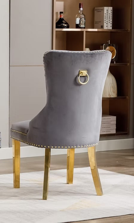 Oviero 2-Piece Luxury Grey Velvet Dining Chair Set with Gold Knocker, Polished Gold Frame, Button Tufted Front & Nailhead Details