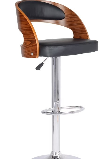 Elvario Modern Black PU Swivel Bar Stool with Bentwood Back, Curved Ergonomic Design, Adjustable Height Gas Lift & Chrome Frame for Kitchen Island & Counter Seating