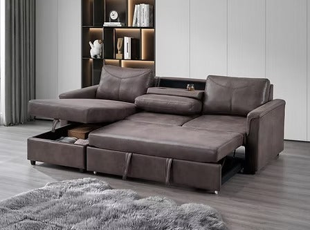 Velnexo Sofa Bed Sectional – Left Hand Facing Chaise Convertible Sleeper with Lift Up Storage, Cup Holders, Charging Station