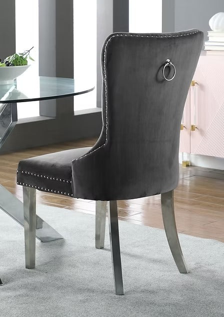 Liorvo 2-Piece Grey Velvet Dining Chair Set, Chrome Knocker Accent, Button Tufted Front, Nailhead Trim, Polished Chrome Finish, Luxury Dining Chairs