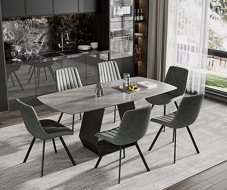 Norvian 7-Piece Dinette Set – Sintered Stone Armani Grey Marble Table with Carbon Black Steel Base & Soft Grey PU Chairs