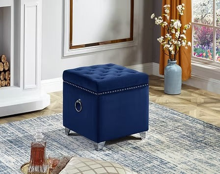 Zyrelvo Velvet Storage Ottoman – Blue Deep Tufted Ottoman with Chrome Ring, Nailhead Detail and Chrome Legs