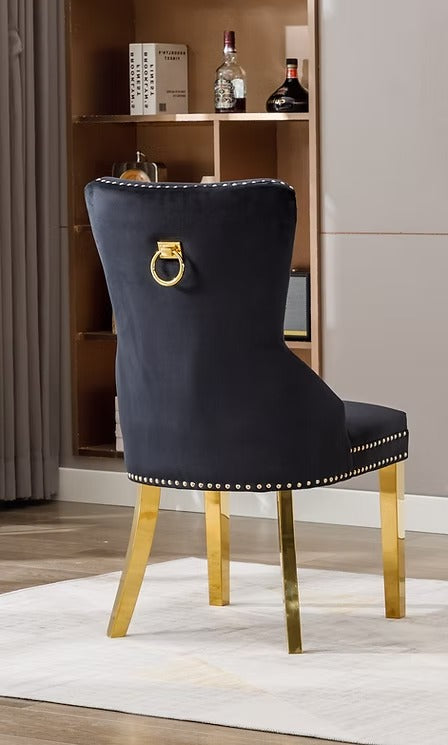 Oviero 2-Piece Luxury Black Velvet Dining Chair Set with Gold Knocker, Polished Gold Frame, Button Tufted Front & Nailhead Details