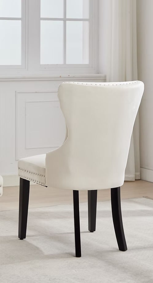 Marvexio 2-Piece Dining Chairs – Soft-Touch Creme Velvet Button Tufted Design with Nailhead Details & Dark Espresso Wooden Legs for Luxury Dining Spaces