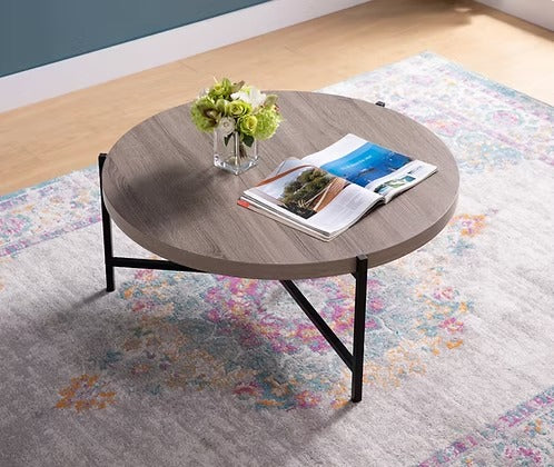 Novarix Modern Round Coffee Table – Contemporary Warm Grey Wood-Look Top with Black Metal Open Frame Base