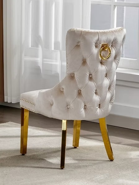 Dolvira Luxury Cream Velvet Dining Chair with Large Gold Knocker, Deep Tufted Back, Nailhead Details and Polished Gold Frame, Modern Glam Accent Chair