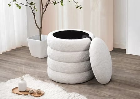 Naviero Round Storage Ottoman – Modern Lift Top Ottoman with Channel Tufting in Soft Ivory Teddy Bear Fabric