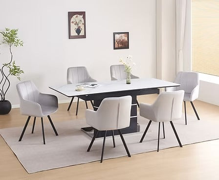 Tervano 7-Piece Dinette Set – Snowy White Marble Extension Table with Grey Velvet Swivel Chairs