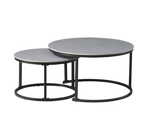Alvireo Set of 2 Coffee Tables – Modern Sintered Stone Armani Marble Top with Black Steel Base