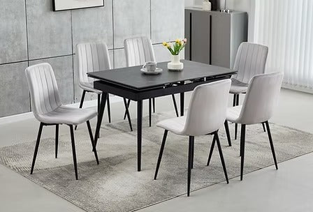 Liorvex 7-Piece Dinette Set – Sintered Stone Marble Extension Table with Black Steel Legs & Light Grey Velvet Chairs