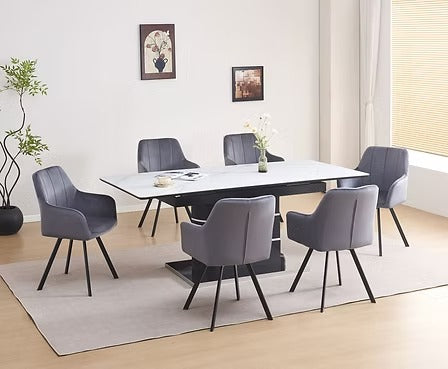 Tervano 7-Piece Dinette Set – Snowy White Marble Extension Table with Grey Velvet Swivel Chairs (Copy)