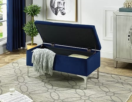 Elvirox Velvet Storage Bench – Blue Deep Tufted Bench with Chrome Legs and Lift Top Storage