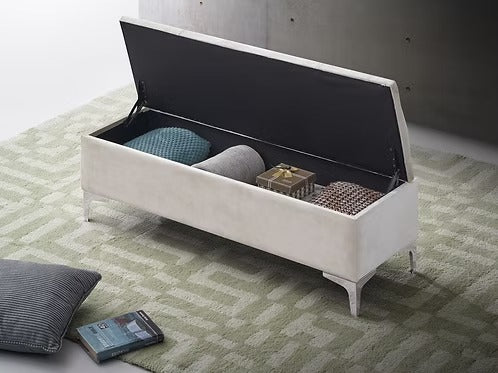 Korvexa Velvet Storage Bench – Cream Button Tufted Bench with Chrome Legs and Lift Top Storage