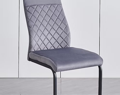 Elviora 7-Piece Dinette Set – Grey Marble Veneer Extension Table with X-Shape Black Steel Base & Soft Grey Velvet Chairs