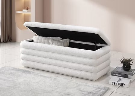 Nexviro Storage Bench – Soft White Teddy Bear Fabric Channel Tufted Lift Top Bench