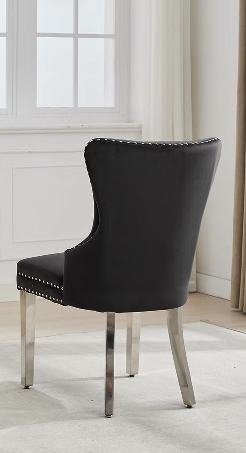 Sylvano 2-Piece Dining Chairs – Soft-Touch Black Velvet Button Tufted Design with Nailhead Details & Polished Chrome Legs for Modern Luxury Dining Spaces