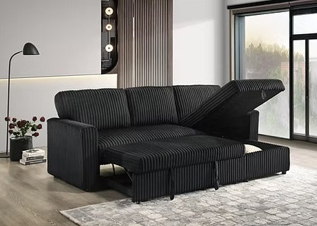 Lumivara Luxe Sofa Bed Sectional with Reversible Chaise, Lift-Up Storage & Soft-Touch Black Fur Corduroy