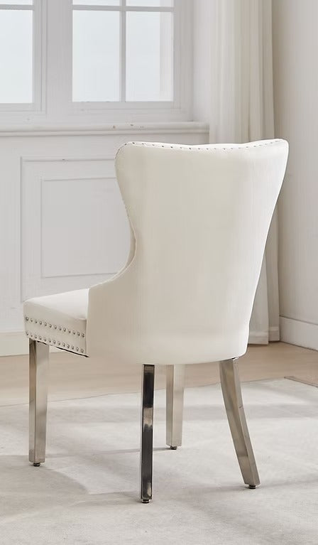 Sylvano 2-Piece Dining Chairs – Soft-Touch Cream Velvet Button Tufted Design with Nailhead Details & Polished Chrome Legs for Modern Luxury Dining Spaces