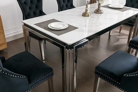 Armelia 7-Piece Dining Set – Black Ceramic Marble Table with Black Velvet Tufted Chairs