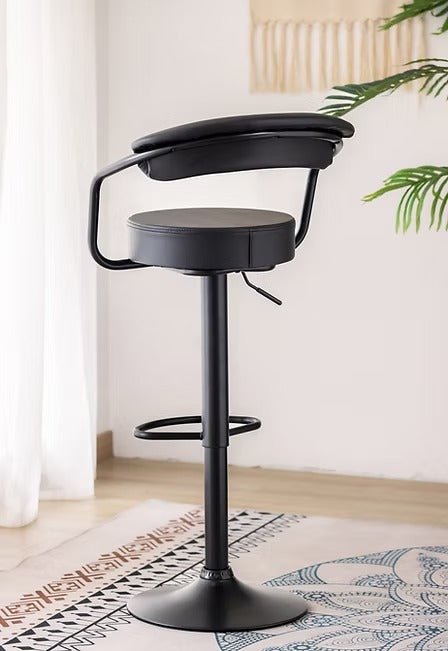 Grevano 2-Piece Bar Stool Set – Modern Black PU Swivel Stools with Curved Ergonomic Backrest, Adjustable Height Gas Lift &amp; Black Metal Frame