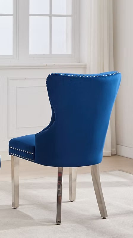 Sylvano 2-Piece Dining Chairs – Soft-Touch Blue Velvet Button Tufted Design with Nailhead Details & Polished Chrome Legs for Modern Luxury Dining Spaces