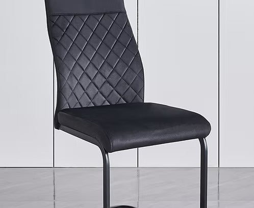 Elviora 7-Piece Dinette Set – Grey Marble Veneer Extension Table with X-Shape Black Steel Base & Black Velvet Chairs