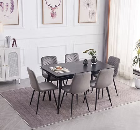 Calvona 7-Piece Dinette Set – Sintered Stone Black Marble Extension Table with Black Steel Legs & Soft Grey Velvet Chairs