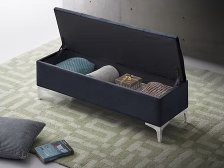 Korvexa Velvet Storage Bench – Black Button Tufted Bench with Chrome Legs and Lift Top Storage