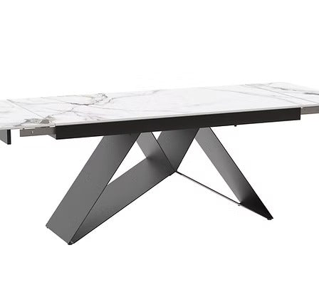 Velnaro 7-Piece Dinette Set – Sintered Stone Chanel Marble Extension Table with X-Shape Black Steel Base & Mushroom PU Armrest Chairs