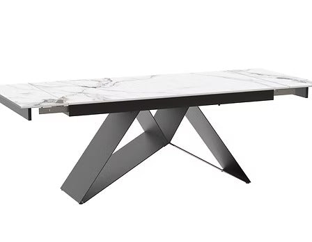 Zorvella 7-Piece Dinette Set – Sintered Stone Chanel Marble Extension Table with X-Shape Black Steel Base & Soft Grey PU Chairs