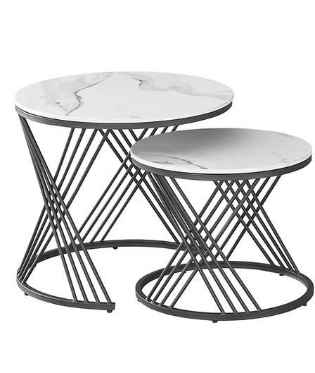 Calvexa Set of 2 Coffee Tables – Modern Sintered Stone White Marble Top Coffee Tables with Black Steel Base