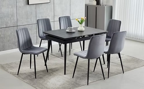 Liorvex 7-Piece Dinette Set – Sintered Stone Marble Extension Table with Black Steel Legs & Dark Grey Velvet Chairs