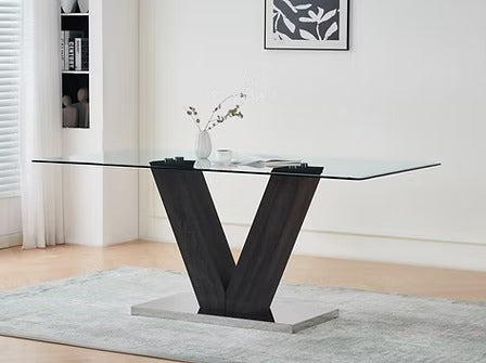 Orviano 5-Piece Dining Set – Glass Top Table with V-Shaped Pedestal & Modern Chrome Chairs