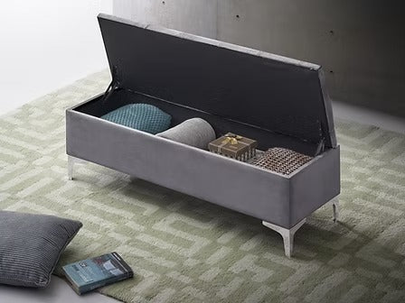 Korvexa Velvet Storage Bench – Grey Button Tufted Bench with Chrome Legs and Lift Top Storage