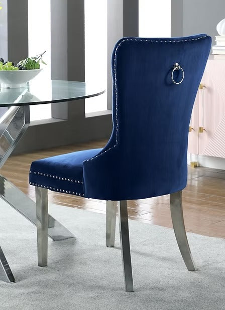 Liorvo 2-Piece Luxury Blue Velvet Dining Chair Set with Chrome Knocker Accent, Button Tufted Front, Decorative Nailhead Trim, Polished Chrome Finish, Modern Glam Dining Room Accent Chairs