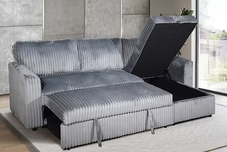 Lumivara Luxe Sofa Bed Sectional with Reversible Chaise, Lift-Up Storage & Soft-Touch Grey Fur Corduroy