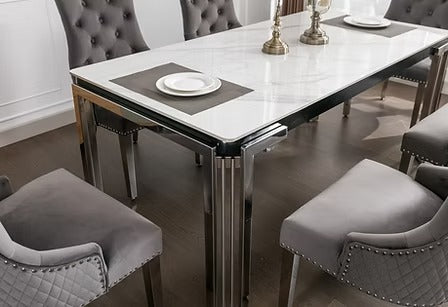 Armelia 7-Piece Dining Set – Ceramic Marble Table with Grey Velvet Lion Knocker Chairs