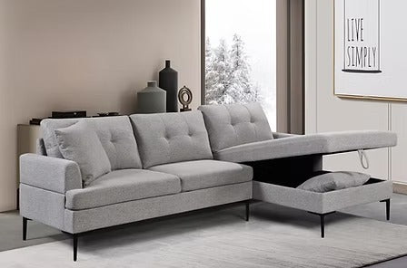 Kelvexa Sectional Sofa – Right Hand Facing Chaise with Pull Up Storage, Button Tufted Back, Black Metal Legs