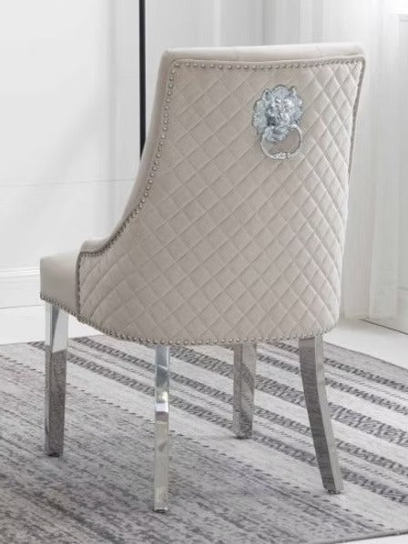 Zenvoro 2-Piece Luxury Dining Chair Set – Cream Velvet Chrome Lion Knocker Dining Chairs with Diamond Quilted Back, Button Tufted Front & Nailhead Details