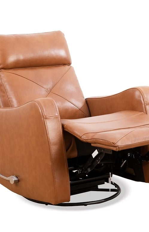 Wervano Recliner Chair with Side-Mounted Steel Pull Handle, Swivel &amp; Glider Mechanism, Zero Wallhugger Design in Soft Brown Leather Match