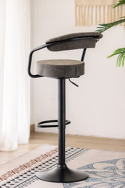 Grevano 2-Piece Bar Stool Set – Modern Grey PU Swivel Stools with Curved Ergonomic Backrest, Adjustable Height Gas Lift & Black Metal Frame