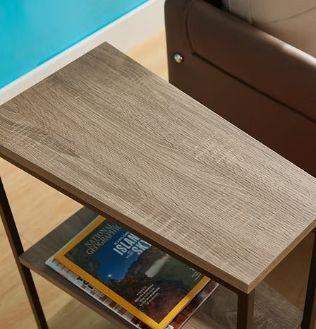 Lurvian C Shape Side Table – Compact Sofa Side Table with Reclaimed Wood Look Top and Steel Frame