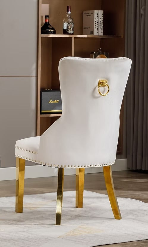 Oviero 2-Piece Luxury Cream Velvet Dining Chair Set with Gold Knocker, Polished Gold Frame, Button Tufted Front & Nailhead Details