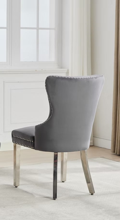 Sylvano 2-Piece Dining Chairs – Soft-Touch Grey Velvet Button Tufted Design with Nailhead Details & Polished Chrome Legs for Modern Luxury Dining Spaces