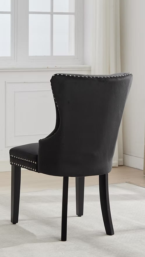 Marvexio 2-Piece Dining Chairs – Soft-Touch Black Velvet Button Tufted Design with Nailhead Details & Dark Espresso Wooden Legs for Luxury Dining Spaces