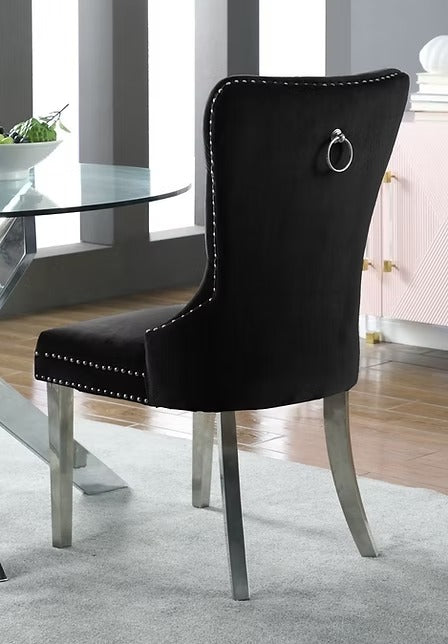 Liorvo 2-Piece Luxury Black Velvet Dining Chair Set with Chrome Knocker Accent, Button Tufted Front, Decorative Nailhead Trim, Polished Chrome Finish, Modern Glam Dining Room Accent Chairs
