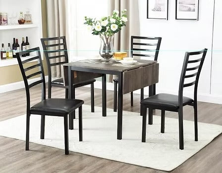 Vantrell 5-Piece Dinette Set – Distressed Wooden Drop Leaf Table with Upholstered Chairs